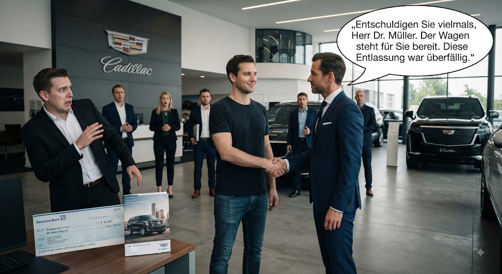 Ich betrat ein Autohaus in einem 9-Euro-Discounter-T-Shirt – sie lachten, bis der Inhaber hereinkam